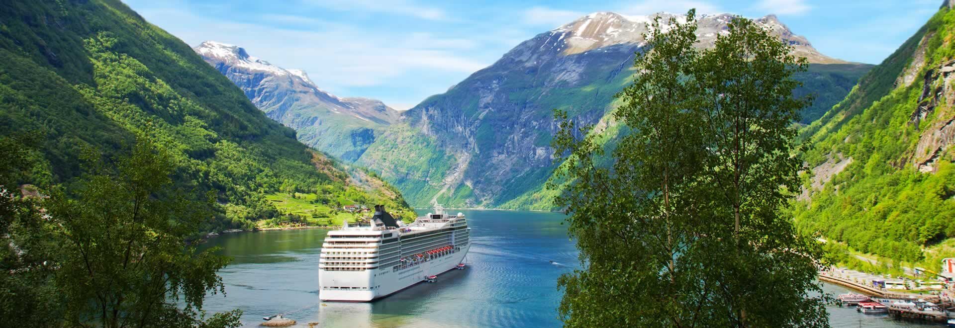 A cruise ship in the Norwegian fjords
