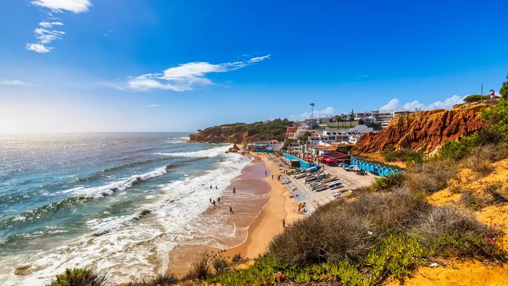 Golden cliffs and beach in Albufeira Algarve