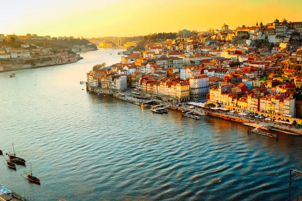 Sunset over a European harbour city